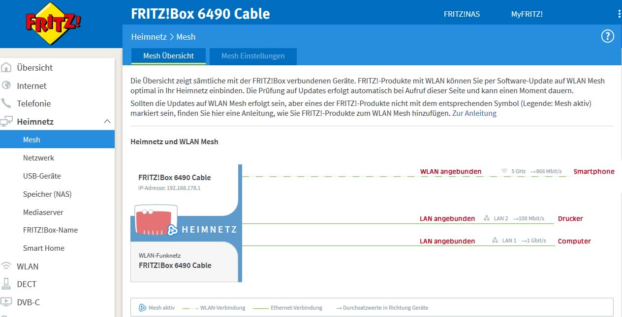 FRITZ Box 6490 Cable - Heimnetzwerk Mesh Übersicht